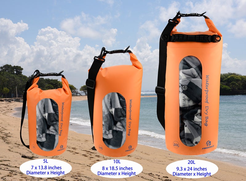 Freegrace Waterproof Dry Bags Set of 3 Dry Bag with 2 Zip Lock Seals & Detachable Shoulder Strap, Waist Pouch & Phone Case - Can Be Submerged Into Water - for Swimming (Orange(Window), 20L) - Image 2